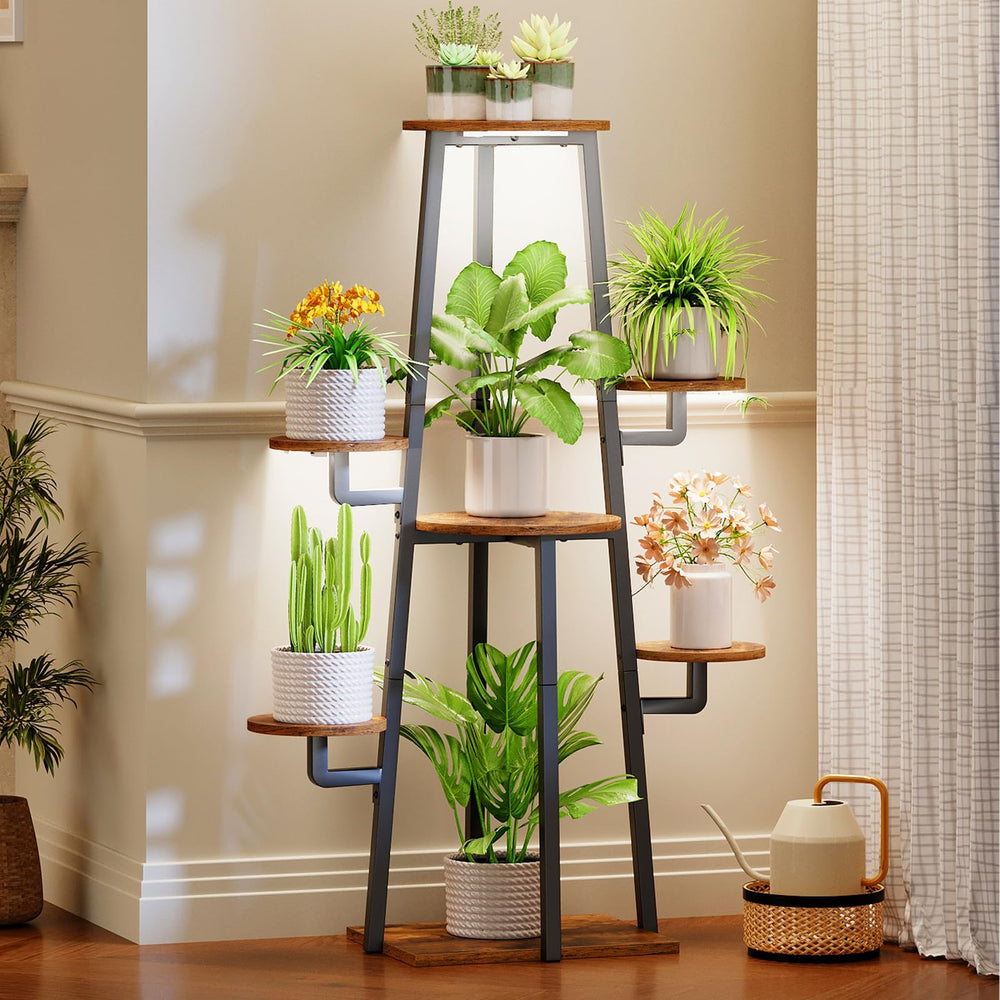 HOOBRO front view of 7-tier plant stand showing rustic finish and plants