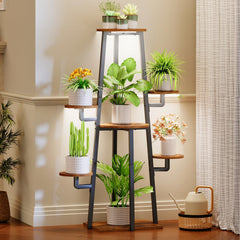 HOOBRO front view of 7-tier plant stand showing rustic finish and plants