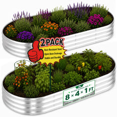 HOOPLE front view of two assembled oval galvanized garden beds showing large planting area