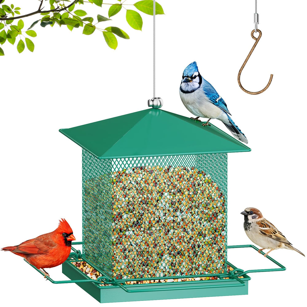 HOSUN front view showing full metal hanging bird feeder and durable construction benefit