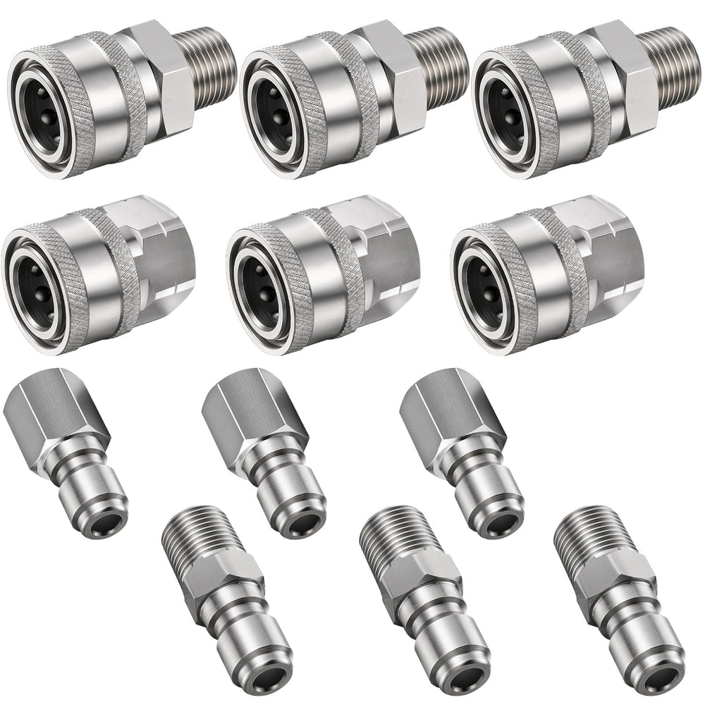Hotop front view of four 3/8" NPT quick connector adapters, fast hookups