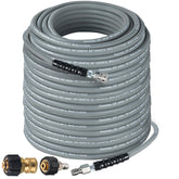 Hourleey front view of 100FT pressure washer hose highlighting length and packaging benefits