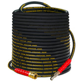 Hourleey front view of 100ft pressure washer hose showing length and connectors for reliable reach