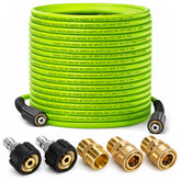 Hourleey front view of 100 ft pressure hose showing full package and benefits