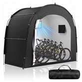Housolution front view showing full covered bikes and protected storage