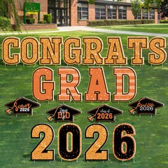 HOVACY front display of orange graduation signs showing curb appeal and bold celebration