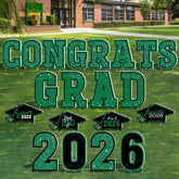 HOVACY front view of full 20-piece green sign pack showing festive graduation impact