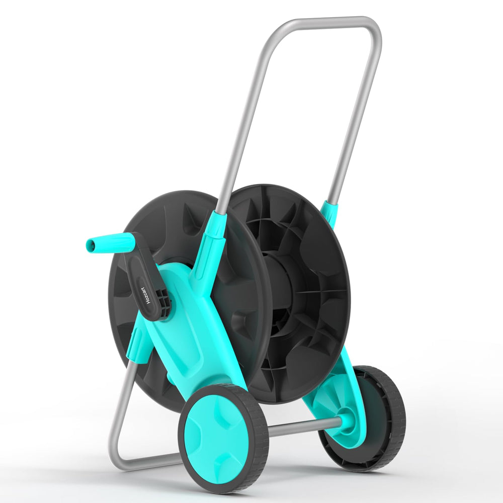 Hozcart front view of assembled reel cart showing compact storage and organized hose