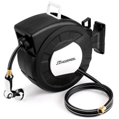HOZEREEL front view wall-mounted reel showing compact storage and tidy yard benefit