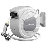 HOZEREEL front view wall-mounted reel showing neat outdoor storage and space saving