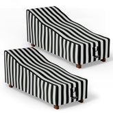 Hptmus front view of black and white stripe covers protecting two chaise lounges