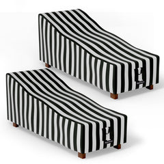 Hptmus front view of black and white stripe covers protecting two chaise lounges