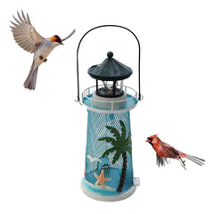HSHD lighthouse feeder front view showing nautical design and seed ports for attractive feeding