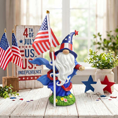 HUNKING gnome front view holding flag shows patriotic accent