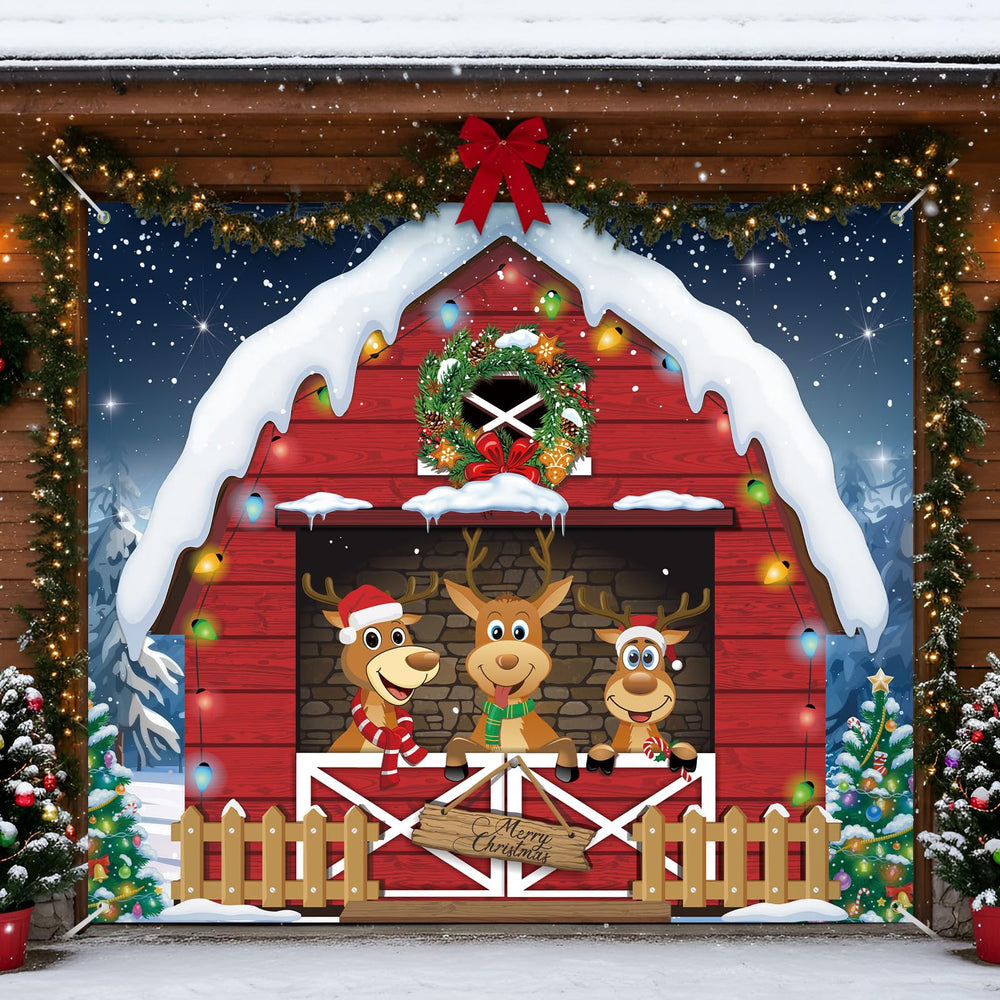 HunnmingRe front view of full garage banner showing festive reindeer scene and curb appeal