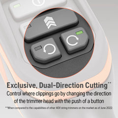 Husqvarna 320iL dual-direction head angled to direct clippings away from beds