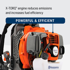 Husqvarna engine close-up highlighting X-Torq power and fuel efficiency benefit