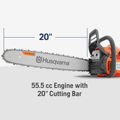 Husqvarna 455 Rancher bar and chain close-up showing sharp guide and lubrication