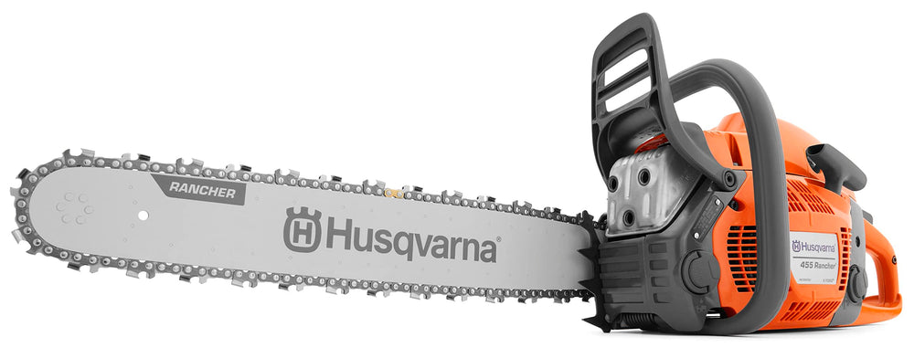 Husqvarna 455 Rancher front angle showing saw ready for heavy cutting