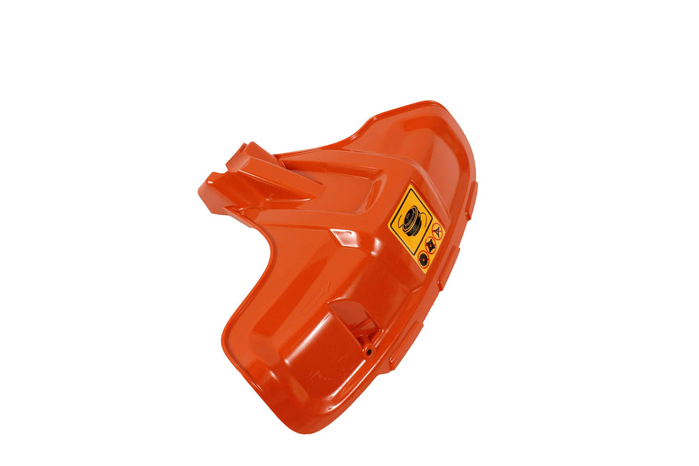 Husqvarna front view of OEM debris shield showing correct fit and protection