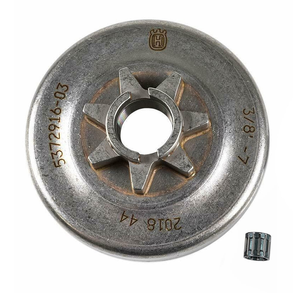 Husqvarna clutch drum assembly front view showing sprocket and bearing for reliable chain drive
