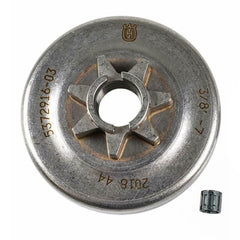 Husqvarna clutch drum assembly front view showing sprocket and bearing for reliable chain drive