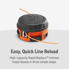 Husqvarna trimming grass with 18-inch cutting width for faster coverage