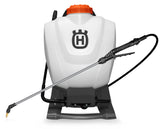 Husqvarna front view of backpack sprayer showing compact tank and wand, improving task speed