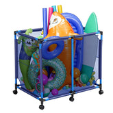 Hutigertech front view of rolling pool storage bin showing organized toys and accessibility