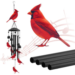 HUVNSOCH front view of chime showing cardinals and tubes, adds garden charm