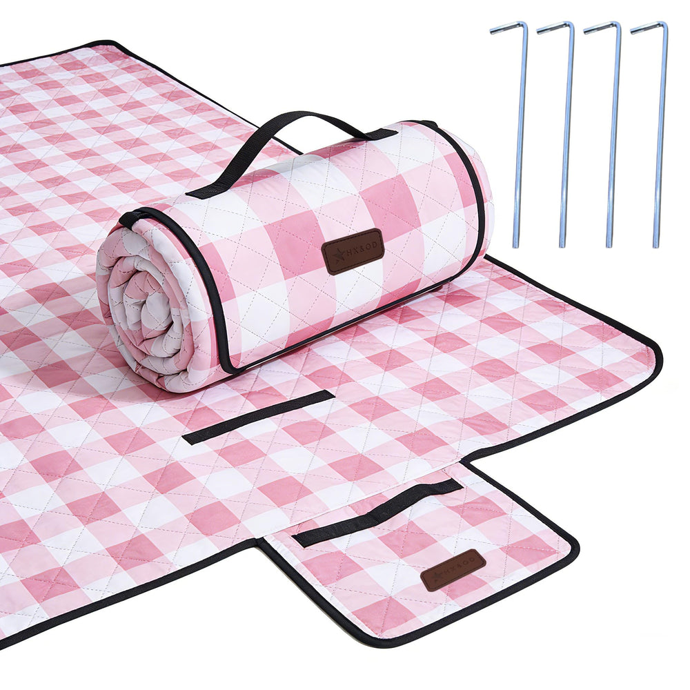 HX&OD full spread pink gingham blanket showing roomy seating area and comfort