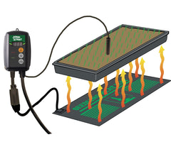 Hydrofarm JumpStart connected to heat mat under seedling tray providing consistent germination warmth