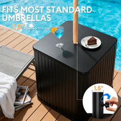 Hyperzoo table in use poolside holding drinks and sunscreen for convenience