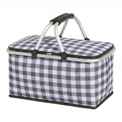 IACTIVE front view of insulated picnic basket showing black grid and handles for easy carrying