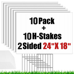 IKAYAS front view of ten 24x18 signs showing clean white panels and stakes for fast setup