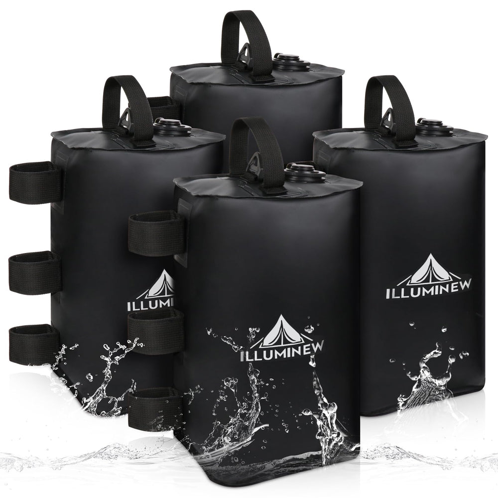 ILLUMINEW front view of four black canopy weight bags, shows compact set and simple use