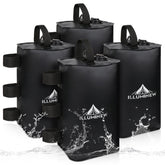 ILLUMINEW front view of four black canopy weight bags, shows compact set and simple use