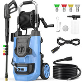 Imdot front view of blue pressure washer showing controls, quick access and portability benefits
