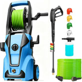 Imdot front view of navy-blue pressure washer showing controls and reel benefit fast setup