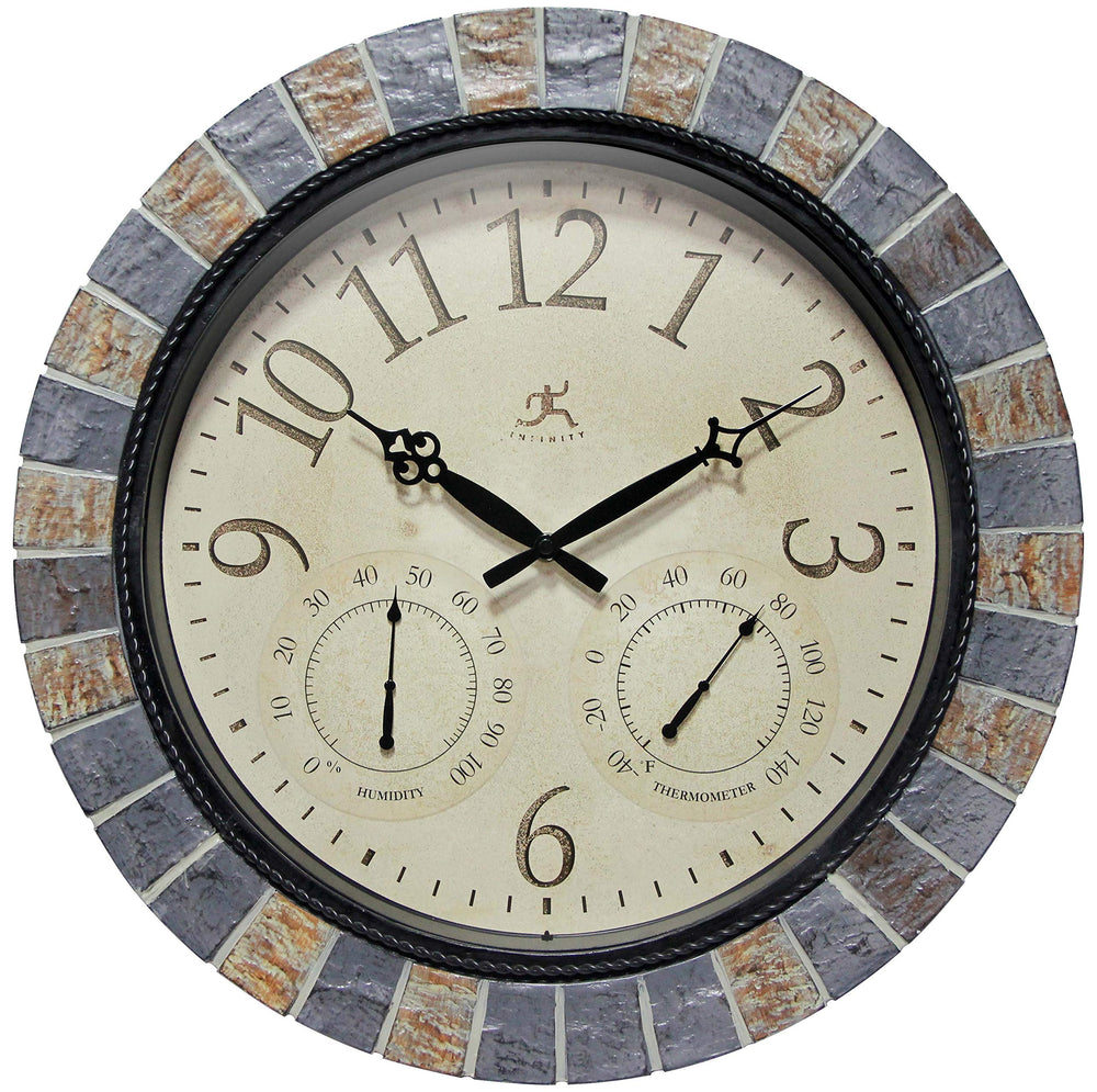 Infinity Instruments front view showing clock thermometer hygrometer benefits outdoor timekeeping