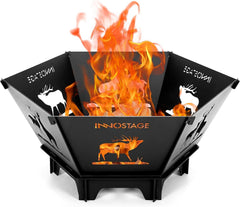 INNO STAGE front view showing collapsed and set up fire pit, easy transport benefit