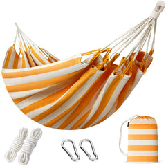 INNO STAGE front view of yellow double hammock showing roomy sleeping surface and portability