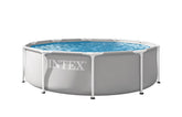 Intex prism frame front view showing pool shape and bright-gray exterior for easy backyard setup