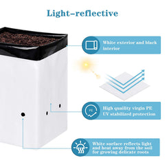 iPower square grow bags arranged on a bench maximizing space efficiency benefit