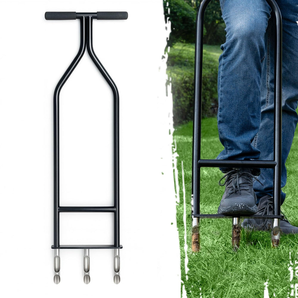 IronGroveRoar aerator front view showing sturdy frame and three tines for reliable aeration