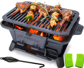 IronMaster hibachi front view showing compact cast iron body and stable base, ideal for portable grilling