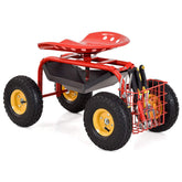 IRONMAX front view of red garden cart showing full frame and seat benefit: stable working platform