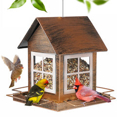 IWNTWY front view of house-shaped feeder shows vintage look and attracts birds