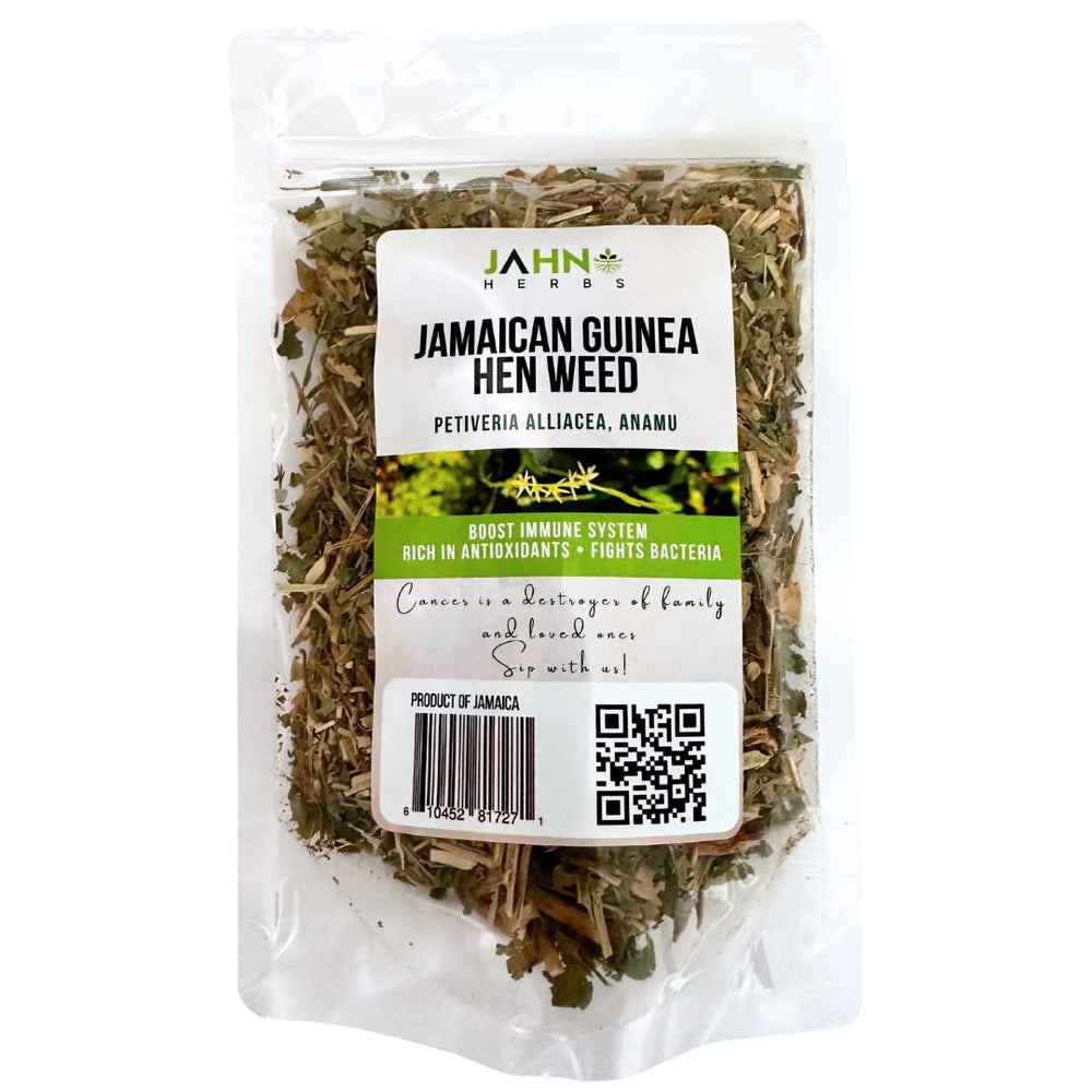 Jahno Herbs front packaging showing Jamaican Anamu tea and clear branding, conveys authenticity