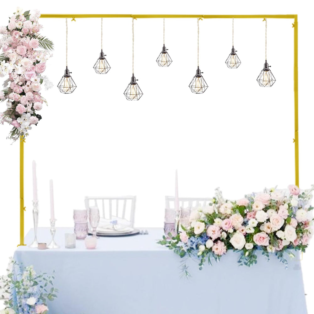 JALANCY front view of assembled gold table arch showing elegant centerpiece benefit